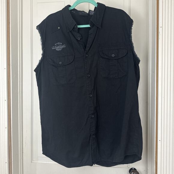 Harley Davidson Black~ Shirt~Button Front~ Cut Off Sleeves~Frayed~ Size X-Large - Picture 6 of 9